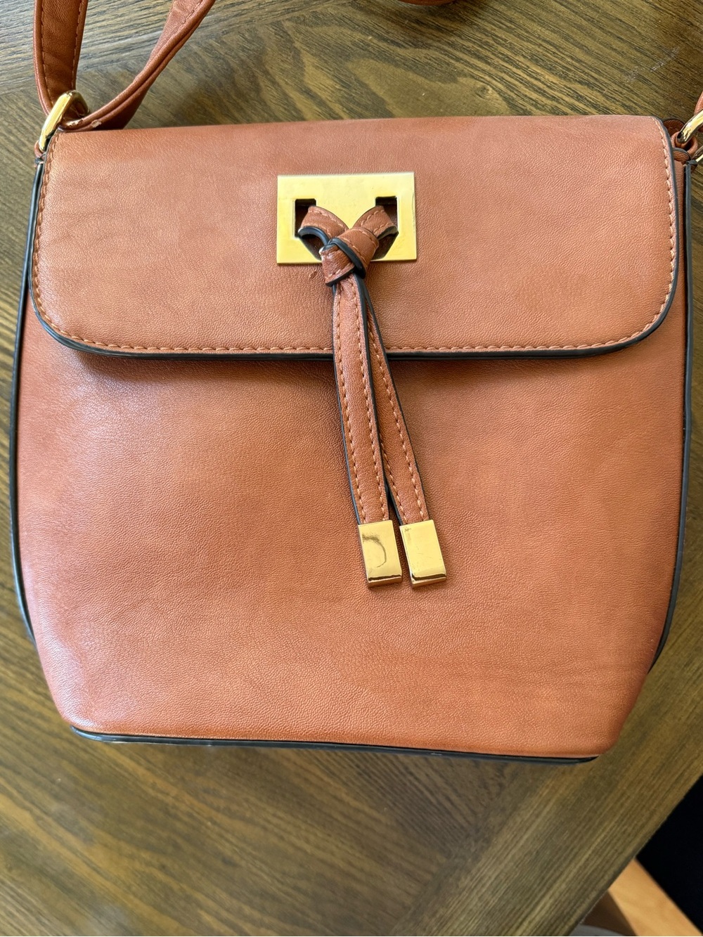 Tan Leather-Look Crossbody Bag with Gold Accent Hardware